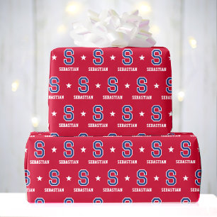 Monogrammed Name Star Crimson Gold Custom Wrapping Paper