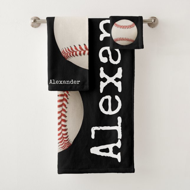 Monogrammed name, Vintage Baseball  Black Bath Towel Set (Insitu)