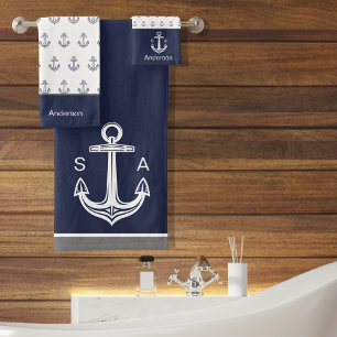 Monogrammed Nautical Anchor Blue White Coastal Bath Towel Set