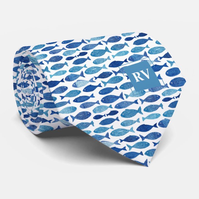 Monogrammed Nautical Blue School of Fish Tie (Rolled)