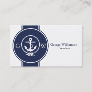 Monogrammed Nautical Navy Blue Anchor and Line Business Card