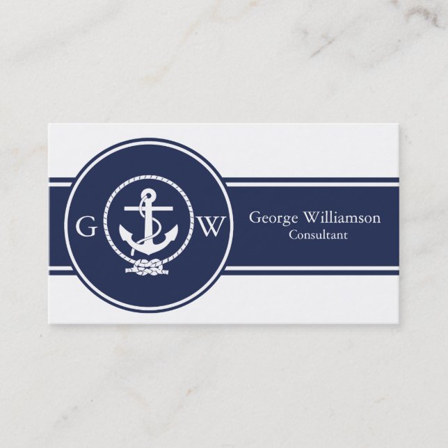 Monogrammed Nautical Navy Blue Anchor and Line Business Card (Front)