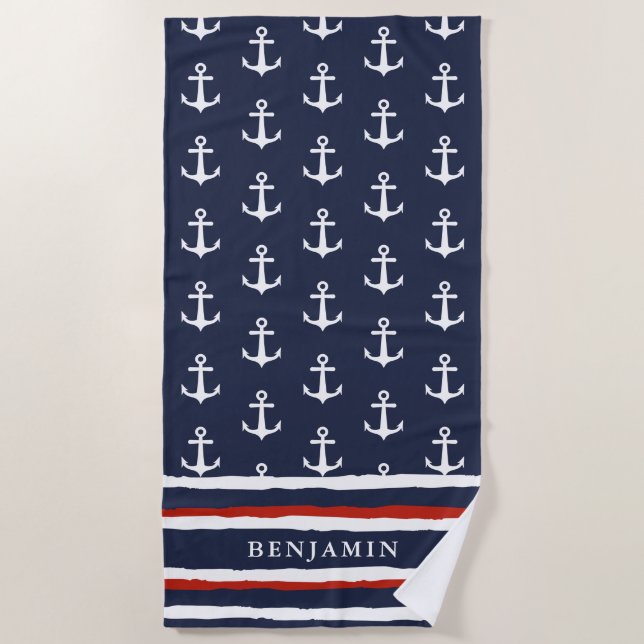 Monogrammed Nautical Navy Blue Red White Anchor Beach Towel (Front)