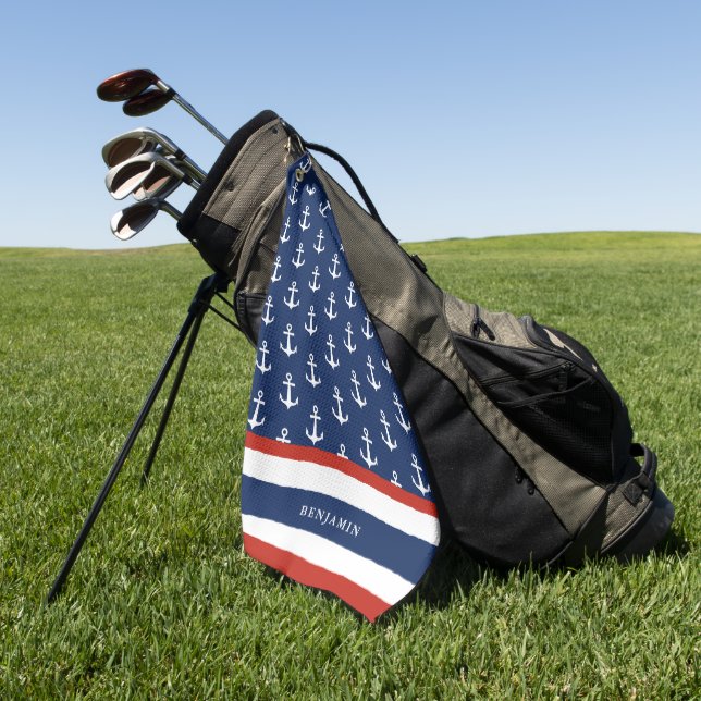 Monogrammed Nautical Navy Blue White Anchor Golf Towel (Green)