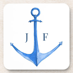 Monogrammed Nautical Watercolor Boat Anchor Coaster