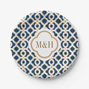 Monogrammed Navy and Gold Moroccan Wedding Paper Plate
