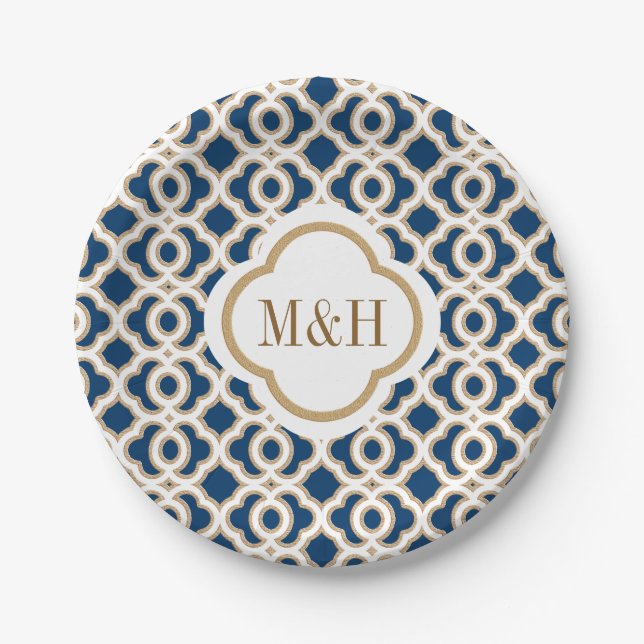 Monogrammed Navy and Gold Moroccan Wedding Paper Plate (Front)