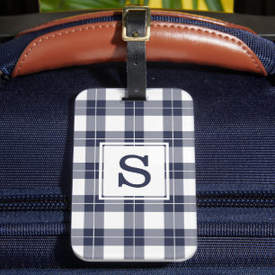 Monogrammed Navy Blue and White Plaid Pattern Luggage Tag