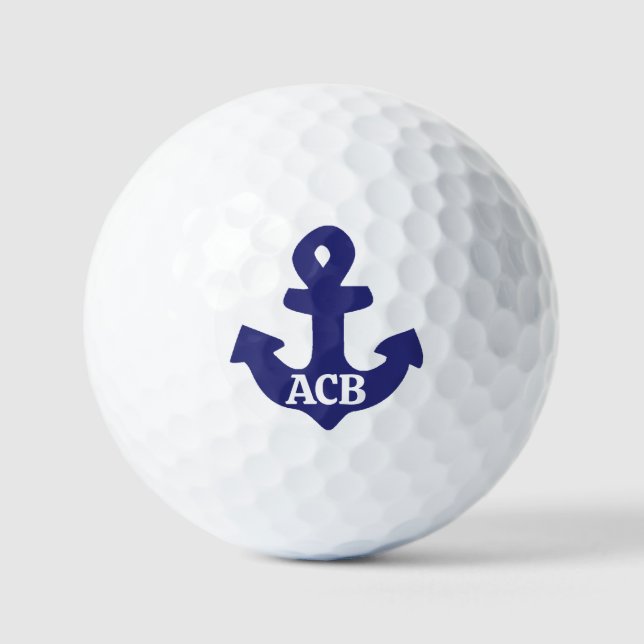 Monogrammed Navy Blue Colour Anchor Design Golf Balls (Front)