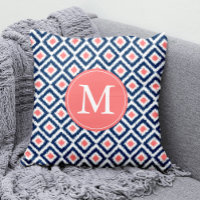 Monogrammed Navy Blue Coral Diamonds Ikat Pattern