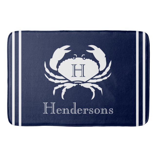 Monogrammed Navy Blue  Crab Nautical  Bath Mat (Front)
