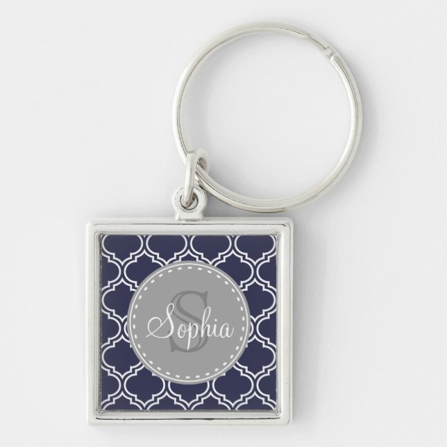 Monogrammed Navy Blue Lattice Pattern Key Ring (Front)