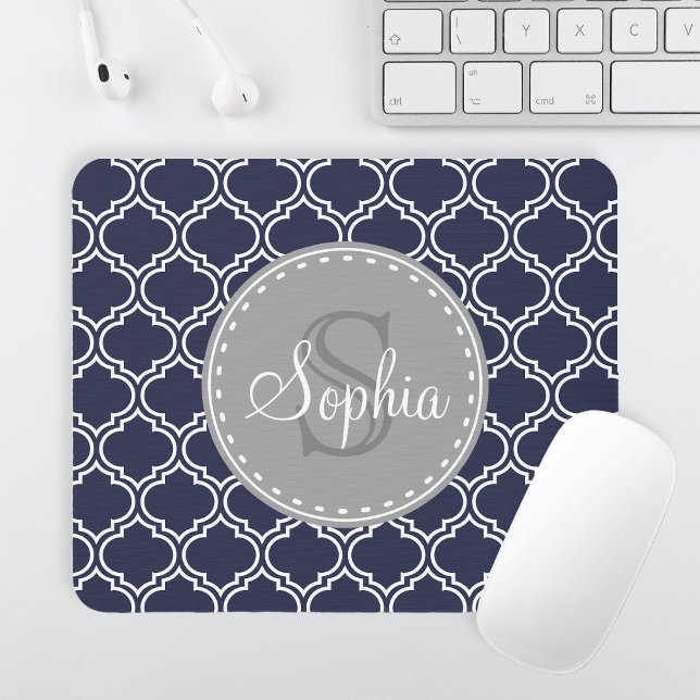 Monogrammed Navy Blue Lattice Pattern Mouse Pad (Creator Uploaded)