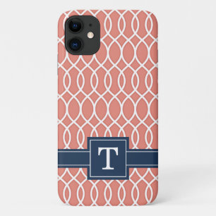 Monogrammed Navy Blue Pink Lattice Pattern Case-Mate iPhone Case