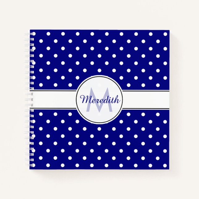 Monogrammed Navy Blue Polka Dot Pattern Notebook (Front)