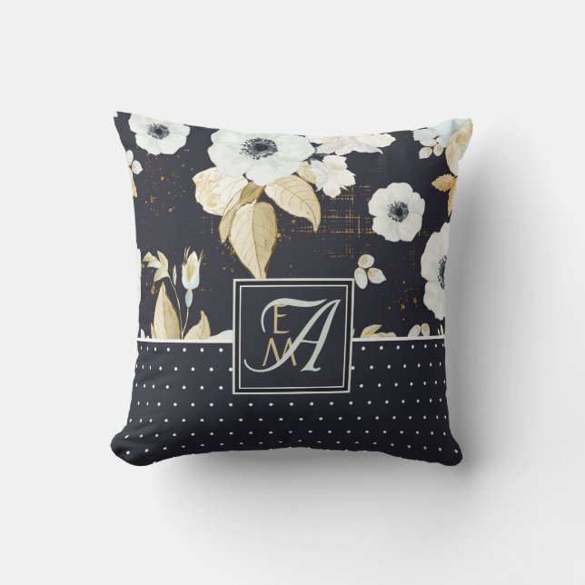 Monogrammed Navy Blue White ANEMONE Floral Decor Cushion (Front)