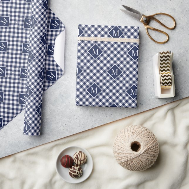 Monogrammed Navy Blue White Buffalo Check Pattern Wrapping Paper (Crafts)