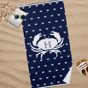 Monogrammed Navy Blue White Crab Nautical    Beach Towel