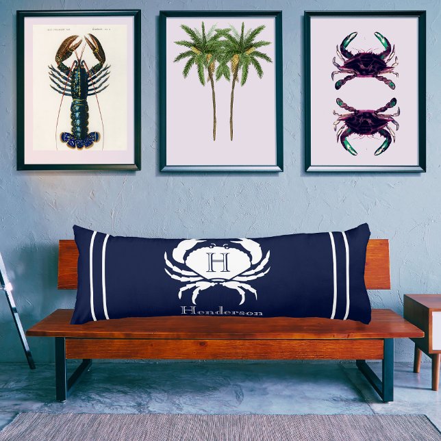 Monogrammed Navy Blue White Crab Nautical   Body Cushion (Creator Uploaded)