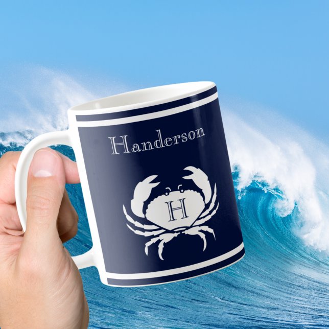 Monogrammed Navy Blue White Crab Nautical   Coffee Mug (Creator Uploaded)