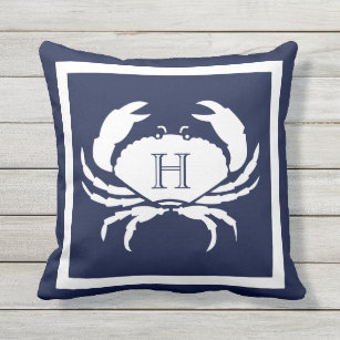 Monogrammed Navy Blue White Crab Nautical Cushion