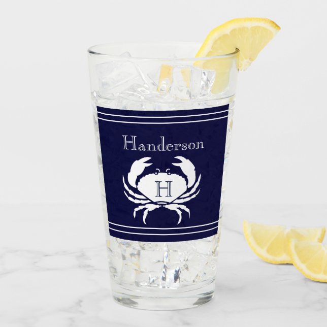 Monogrammed Navy Blue White Crab Nautical  Glass (Back Ice)