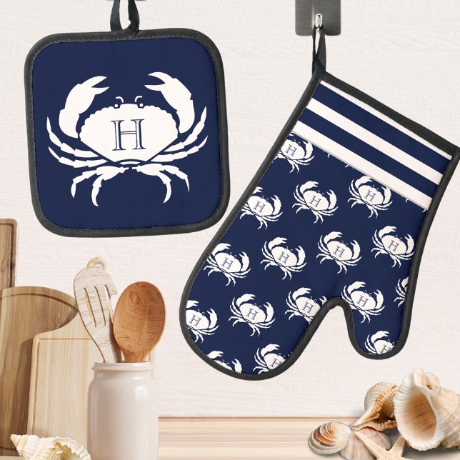 Monogrammed Navy Blue White Crab Nautical Oven Mitt & Pot Holder Set (Creator Uploaded)