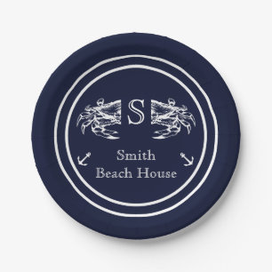 Monogrammed Navy Blue White Crab Nautical Paper Plate