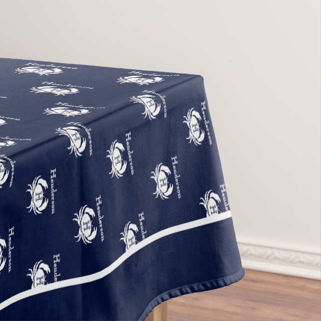 Monogrammed Navy Blue White Crab Nautical   Tablecloth (In Situ)
