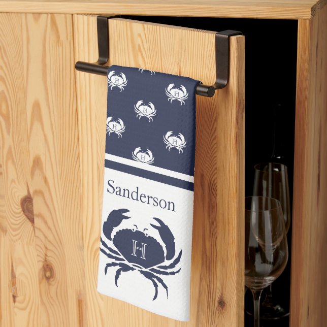 Monogrammed Navy Blue White Crab Nautical Tea Towel (Thirds Fold)