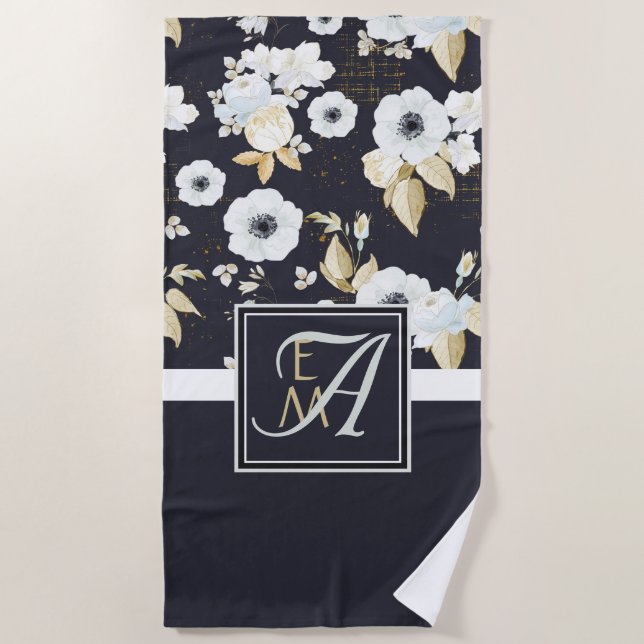Monogrammed Navy Blue White Floral Decor Anemone Beach Towel (Front)