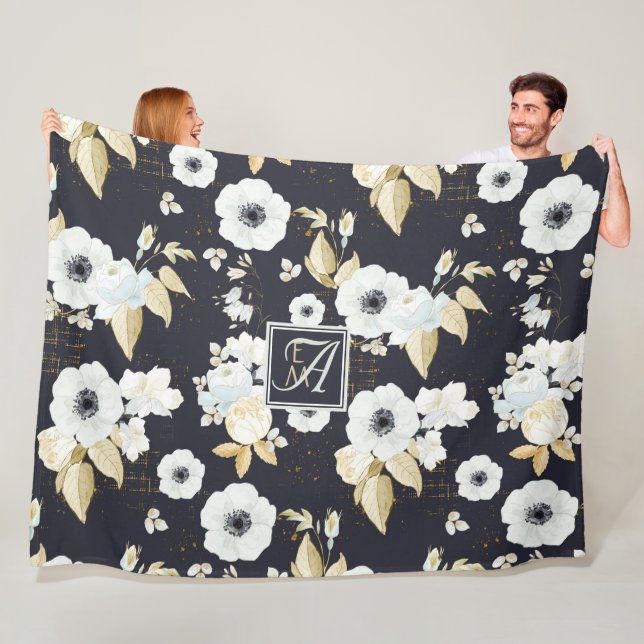 Monogrammed Navy Blue White Floral Decor Anemone Fleece Blanket (In Situ)