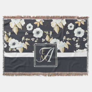 Monogrammed Navy Blue White Floral Decor Anemone Throw Blanket
