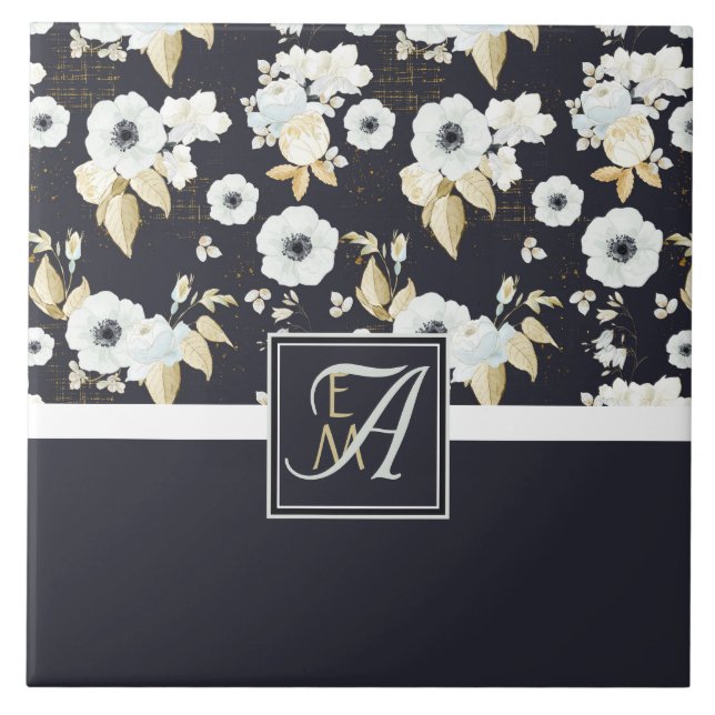 Monogrammed Navy Blue White Floral Decor Anemone Tile (Front)