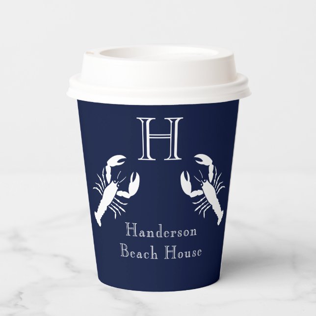 Monogrammed Navy Blue White Lobster Nautical    Paper Cups (Back)