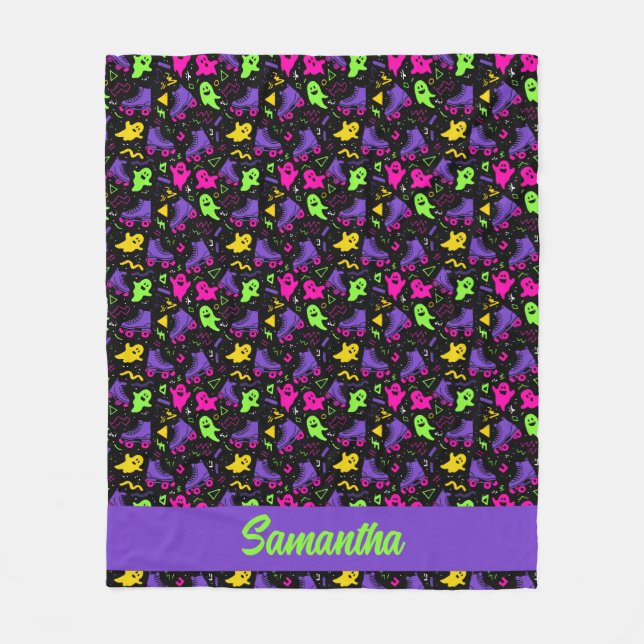 Monogrammed Neon Ghosts and Skates Halloween Fleece Blanket (Front)