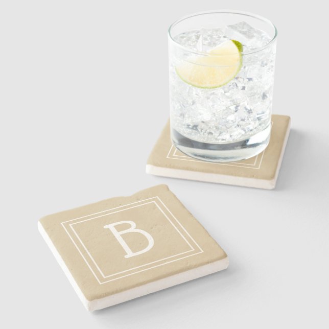 Monogrammed Neutral Light Brown & White Initial Stone Coaster (Side)