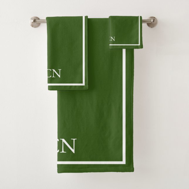 Monogrammed Olive Dark Green White Border Classic  Bath Towel Set (Insitu)