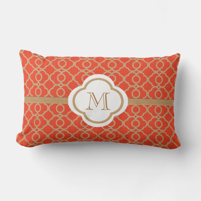 Monogrammed Orange and Gold Moroccan Lumbar Cushion (Front)