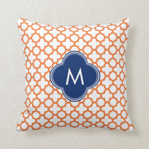 Monogrammed Orange and Royal Blue Quatrefoil Cushion