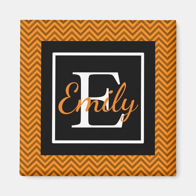 Monogrammed Orange & Black Chevron Pattern Magnet (Front)