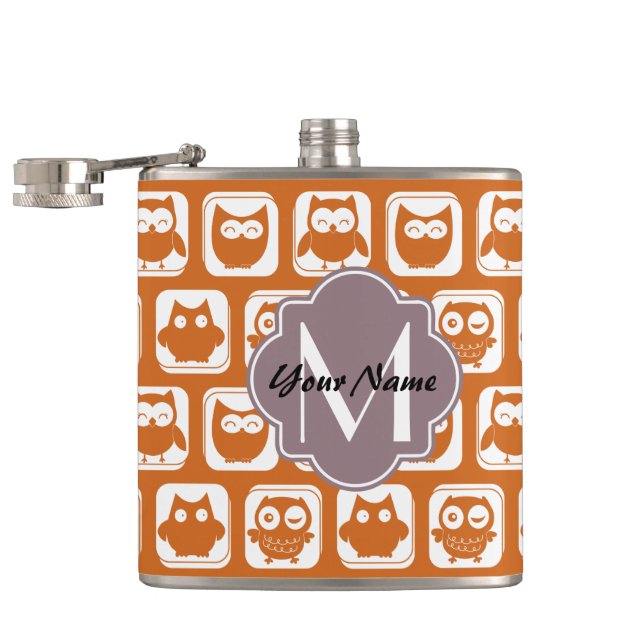 Monogrammed Orange Owls Hip Flask (Opened)