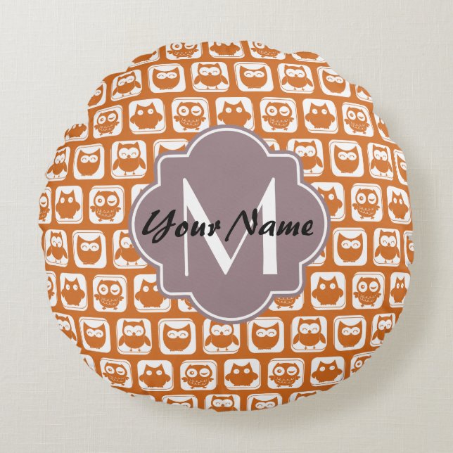 Monogrammed Orange Owls Round Cushion (Front)