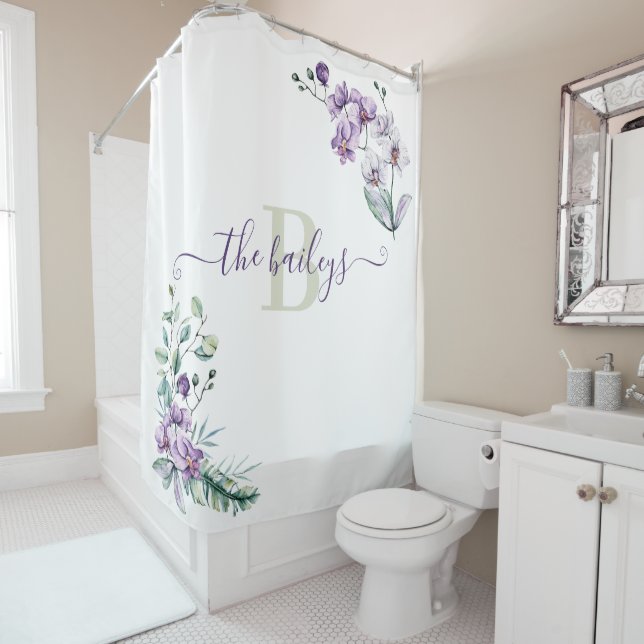 Monogrammed Orchid Shower Curtain (In Situ)