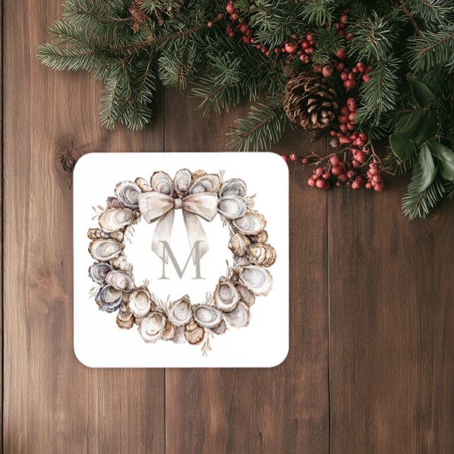 Monogrammed Oyster Shell Wreath Christmas Coaster (Oyster Wreath Neutral Drink Coaster)