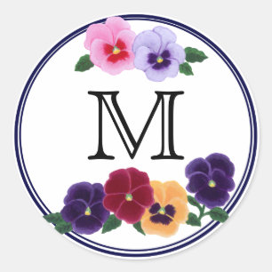 Monogrammed Pansies Floral Classic Round Sticker