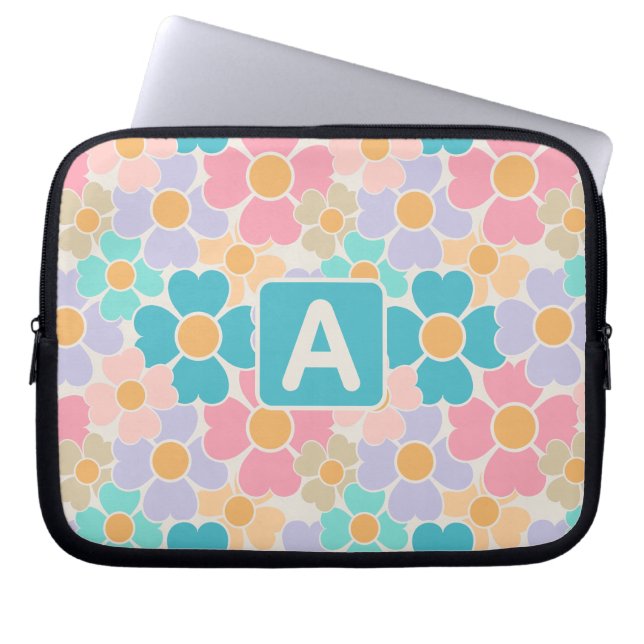 Monogrammed Pastel Flowers Laptop Sleeve (Front)