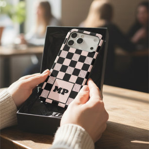 Monogrammed Pastel Pink & Black Chequered Custo