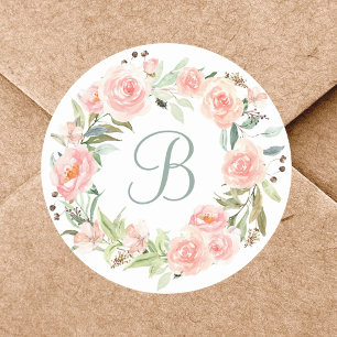 Monogrammed Pastel Pink Flower Wreath Classic Round Sticker