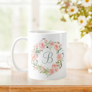 Monogrammed Pastel Pink Flower Wreath Coffee Mug